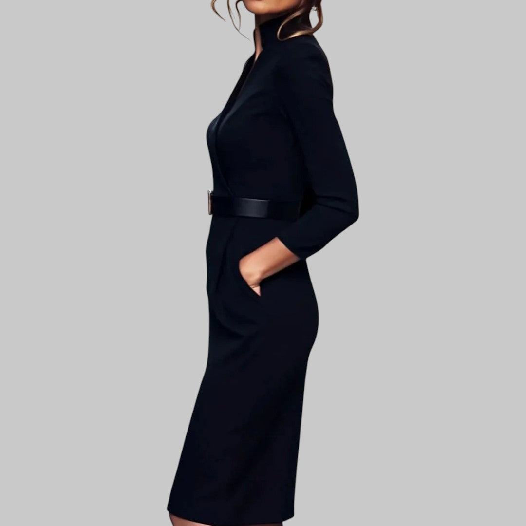 Grace™ | Abito midi elegante a maniche lunghe con colletto e cintura