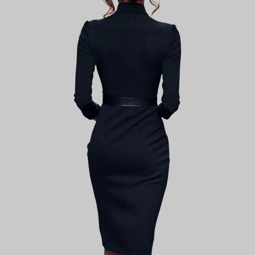 Grace™ | Abito midi elegante a maniche lunghe con colletto e cintura