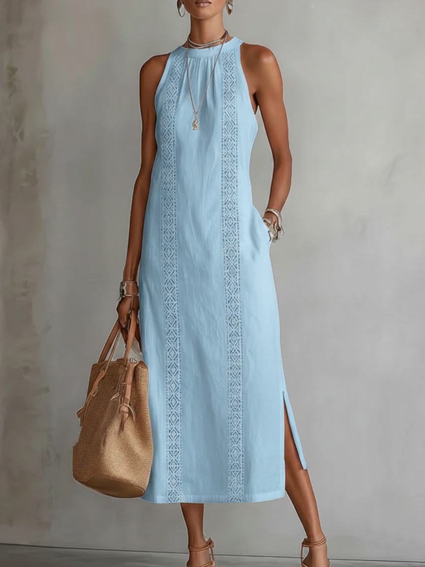 Jimena™ | Abito midi in lino con collo alla coreana