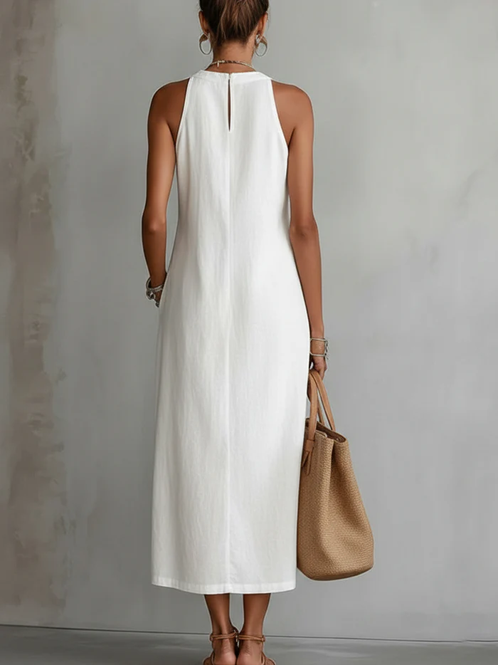 Jimena™ | Abito midi in lino con collo alla coreana