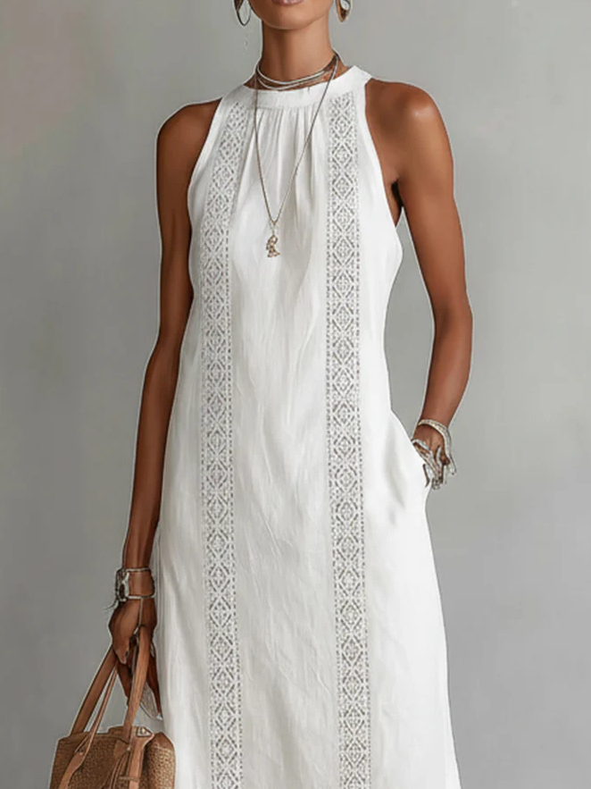 Jimena™ | Abito midi in lino con collo alla coreana