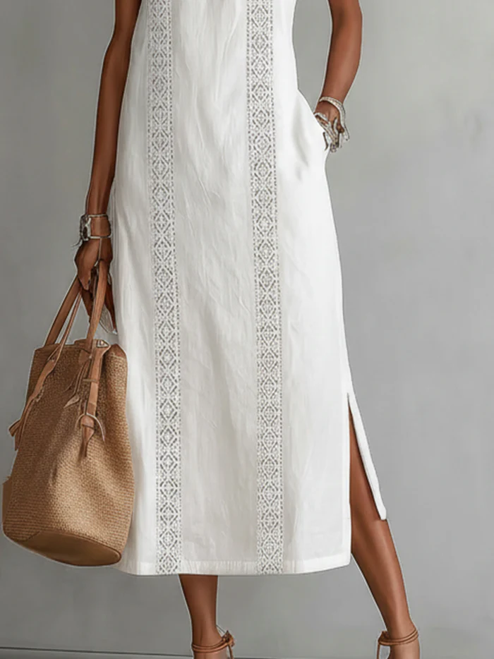 Jimena™ | Abito midi in lino con collo alla coreana