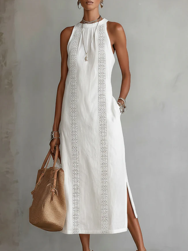 Jimena™ | Abito midi in lino con collo alla coreana